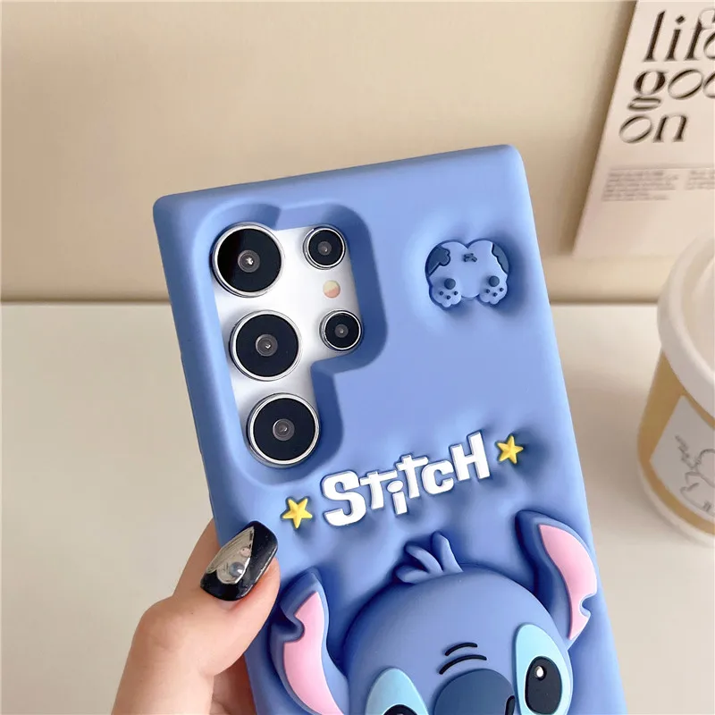 Cute Cartoon Disney Stitch Doll Holder Phone Case For Samsung S20 S21 S22 S23 S24 Ultra Plus sS24 S23 Ultra Soft Silicone Cover
