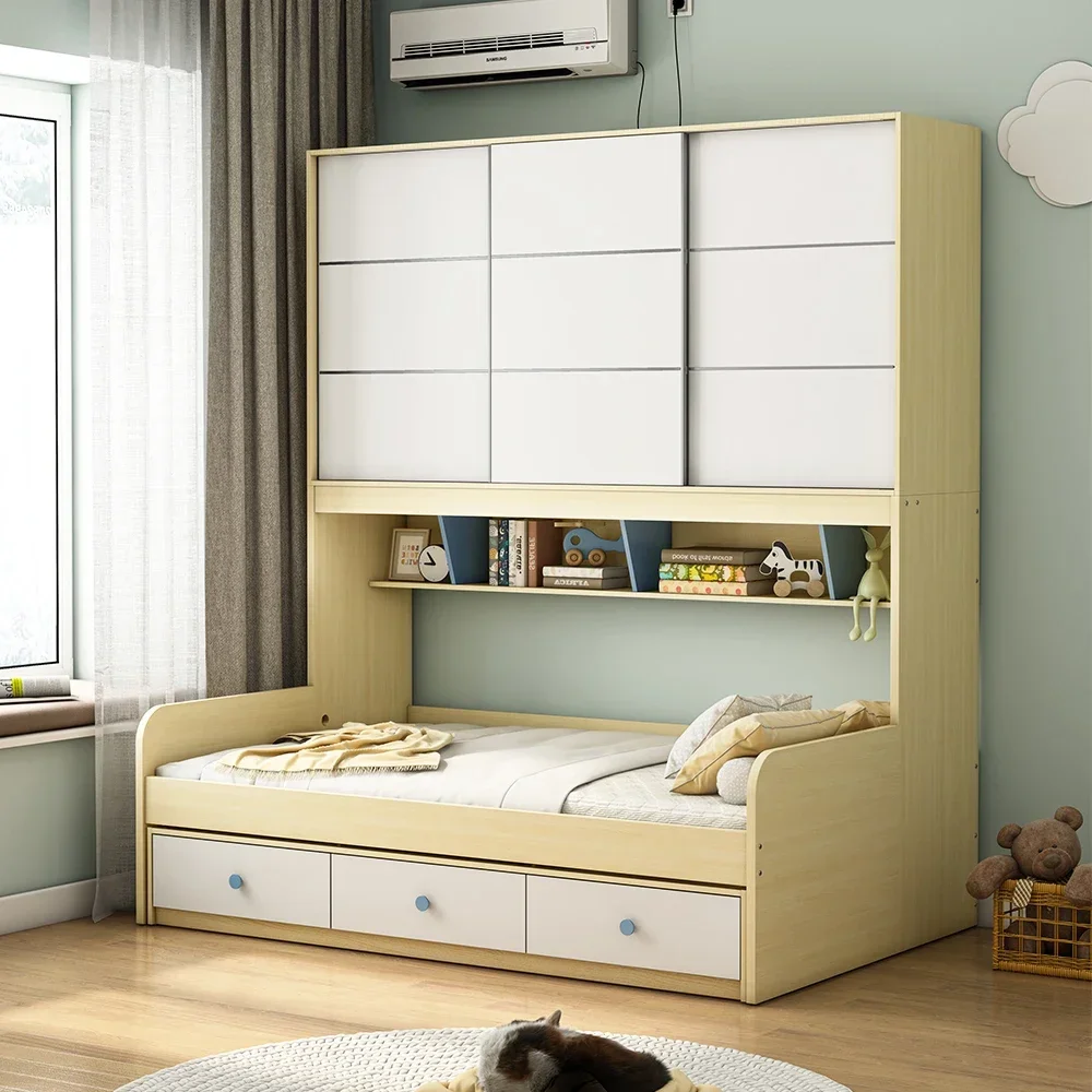 Solid wood wardrobe bed small apartment, bed household storage