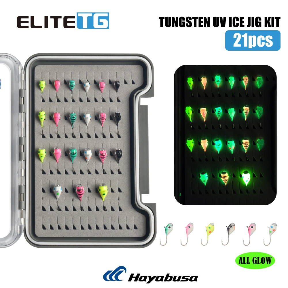 Elite TG Diamond Tungsten UV Ice Jig Kit 3.0~5.0mm,Winter Fishing Hook Colorful Start Boxed Perch Crappie Bluegill Soft Lure