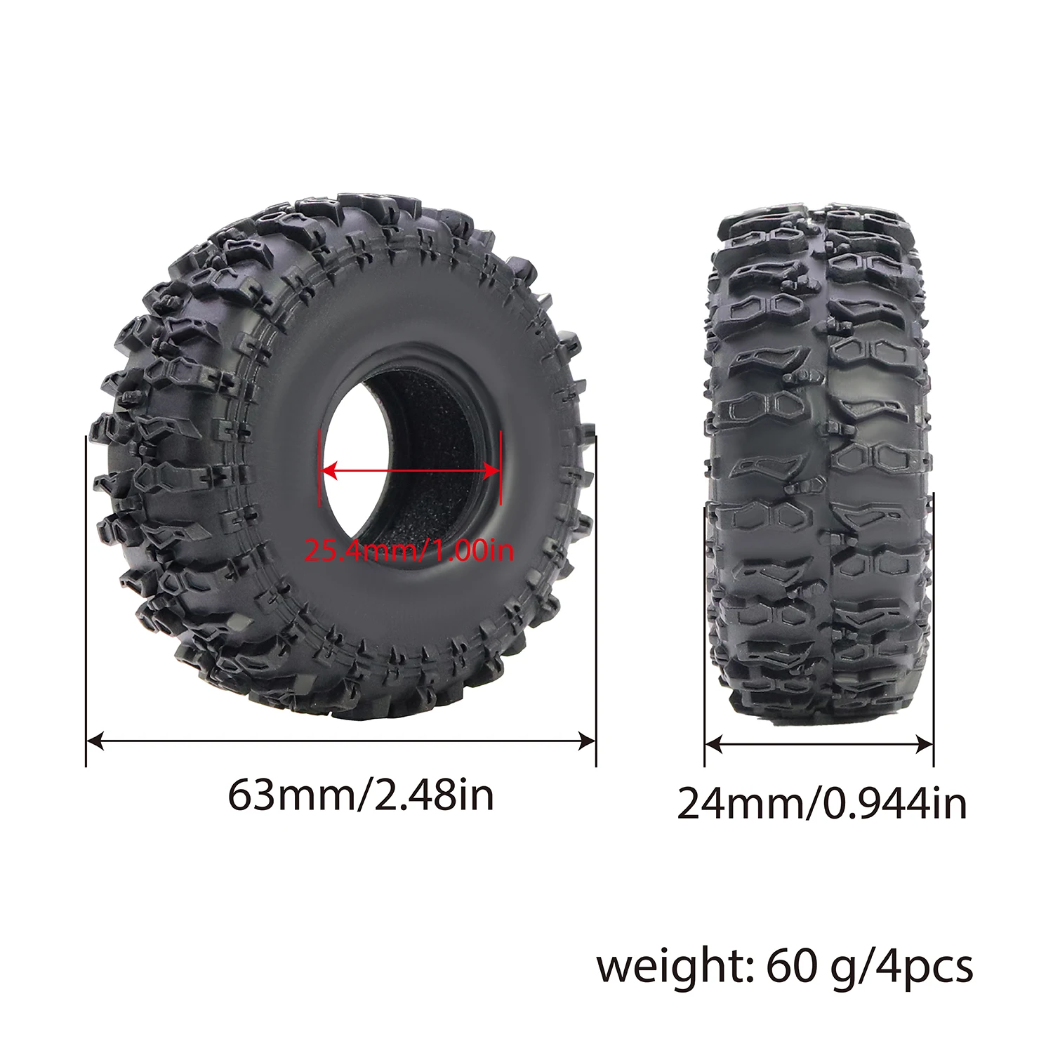 4PCS 1.0 Inch Soft Rubber Tires Wheels 63x24mm Upgrade Parts for 1/18 1/24 Axial SCX24 TRX4M Bronco FCX24 RC Crawler Car