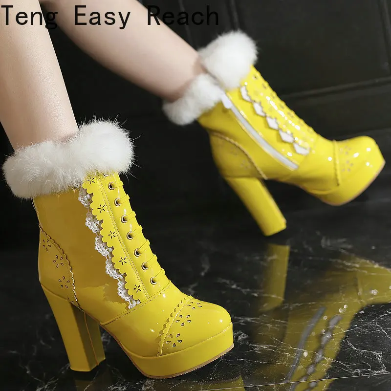 Green Yellow White Laser Cut Sweet Ladies Winter Warm Shoes Plus Size 34-43 Faux Fur Platform Block High Heels Ankle Snow Boots