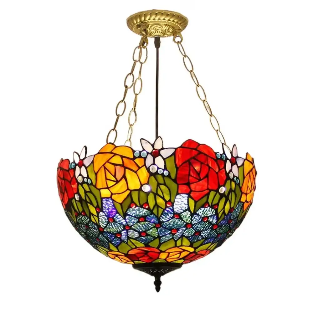 

16inch Stained Glass Pastoral Rose Lampshade Victorian Anti-chandelier Tiffany Ceiling Light for Corridor Entrance Balcony