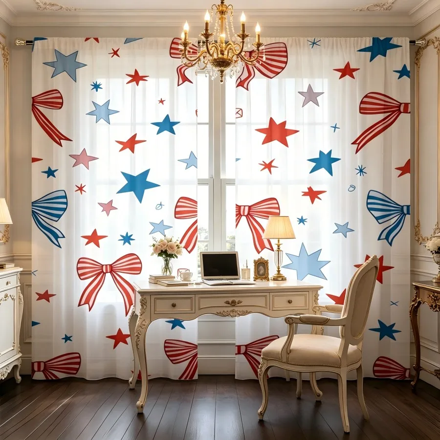 2PCS Digital Print Sheer Curtain, American Star Knot Patriotic Vintage Window Drapes for Living Room Bedroom Home Decor