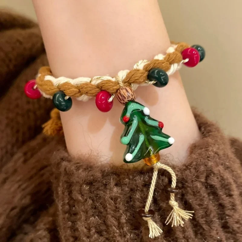 Pulsera navideña de cristal con cuerda tejida de hombre de jengibre para niñas, linda y creativa de otoño e invierno, Navidad retro y versátil