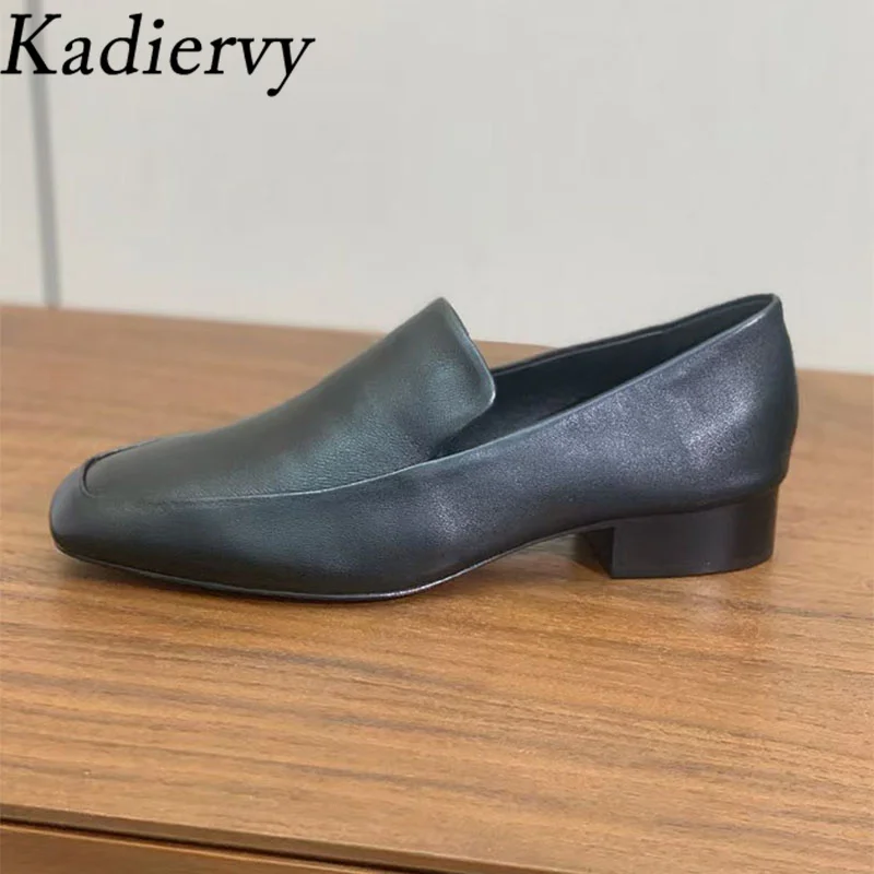 

New Square Heels Shoes Women Apricot Black Genuine Leather Office&Career Shoes Woman Square Toe Slip-on Low Heels Women Pumps