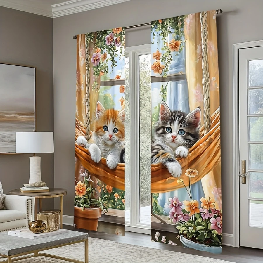 2PCS Digital Printed Curtains with Hammock Cute Cat Design, Stylish Window Drapes for Living Room Bedroom Home Decoration