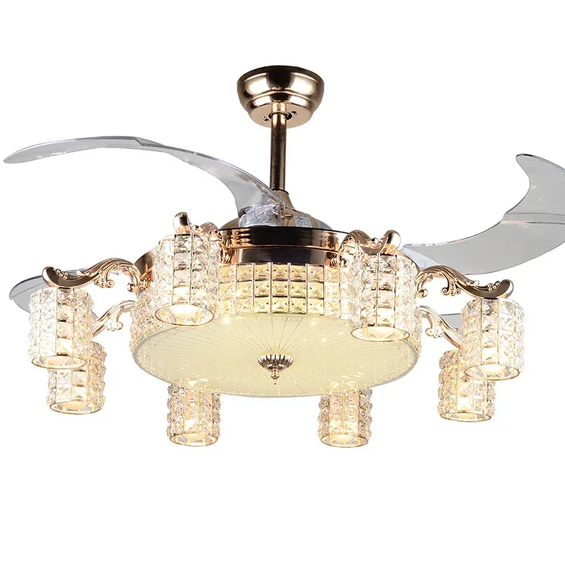 LED Crystal Gold Fan Lights Living Room Modern Fan With Remote Control Luxury Ceiling Fans 110V 220V Ceiling Fans Lighting