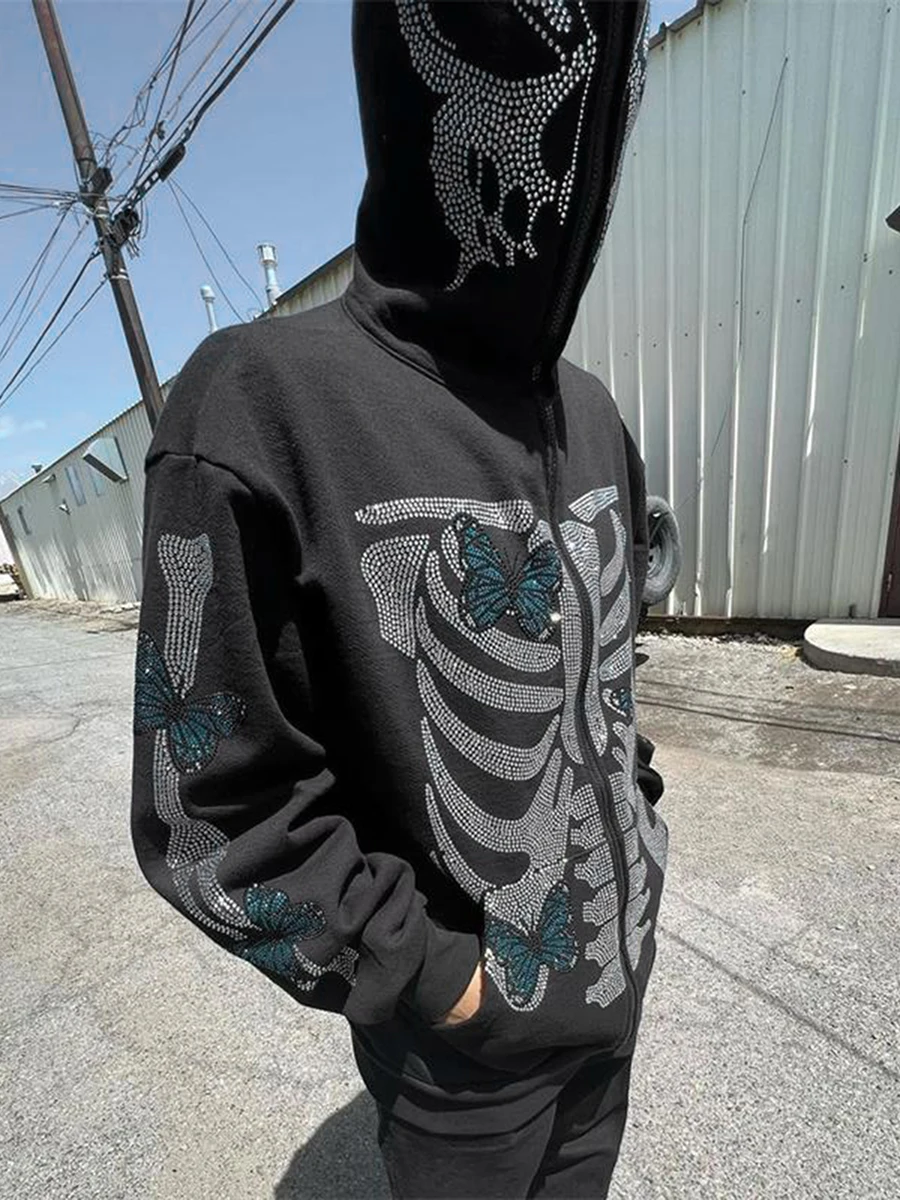 Halloween Rhinestone Skeleton Hoodies for Women Men Y2k Full Zip Up Punk Goth Aesthetic Hooded Sweatshirt Jacket