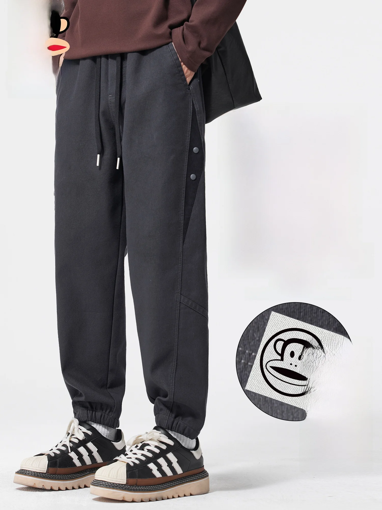 

PaulFrank Retro American Casual Pants Men's Trendy Loose Straight Harlan Cuffed Long Trousers Winter Warm Polyester Cotton Blend