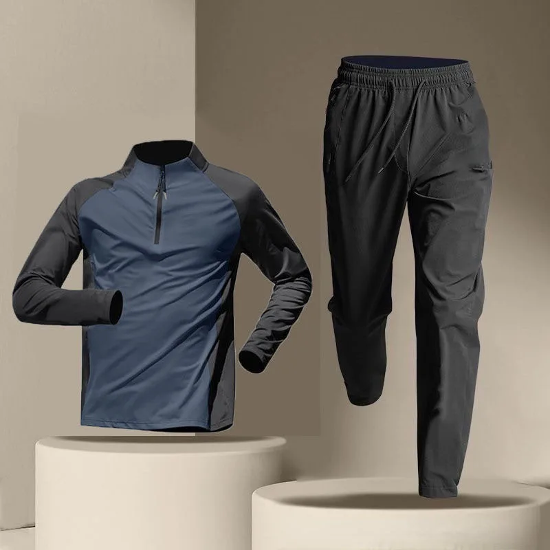 Men's half zip training suit, quick drying suit, long sleeved and long pants set, sports T-shirt, running and fitness suit set