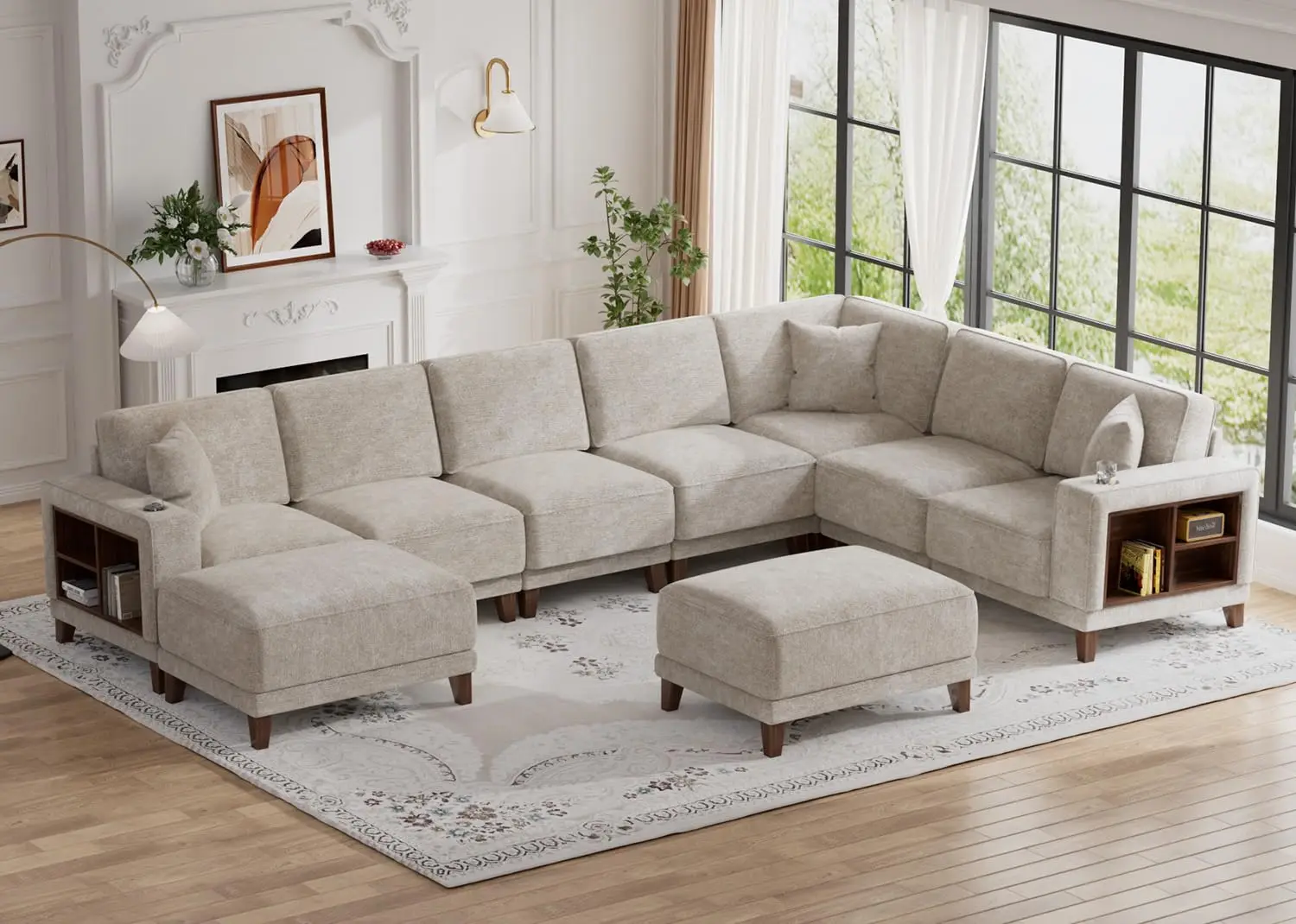 Oversized Modular Sectional Sofa,9-Seat Deep Seat Sofa with Ottoman,USB Ports,Hidden Cup Holders,Side Storage, Customized