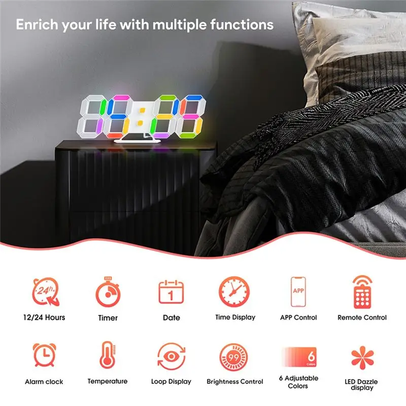 

145Jul.3D светодиодные цифровые настенные часы Rgb световой настольный будильник время дата настольные часы с управлением через приложение для дома спальни
