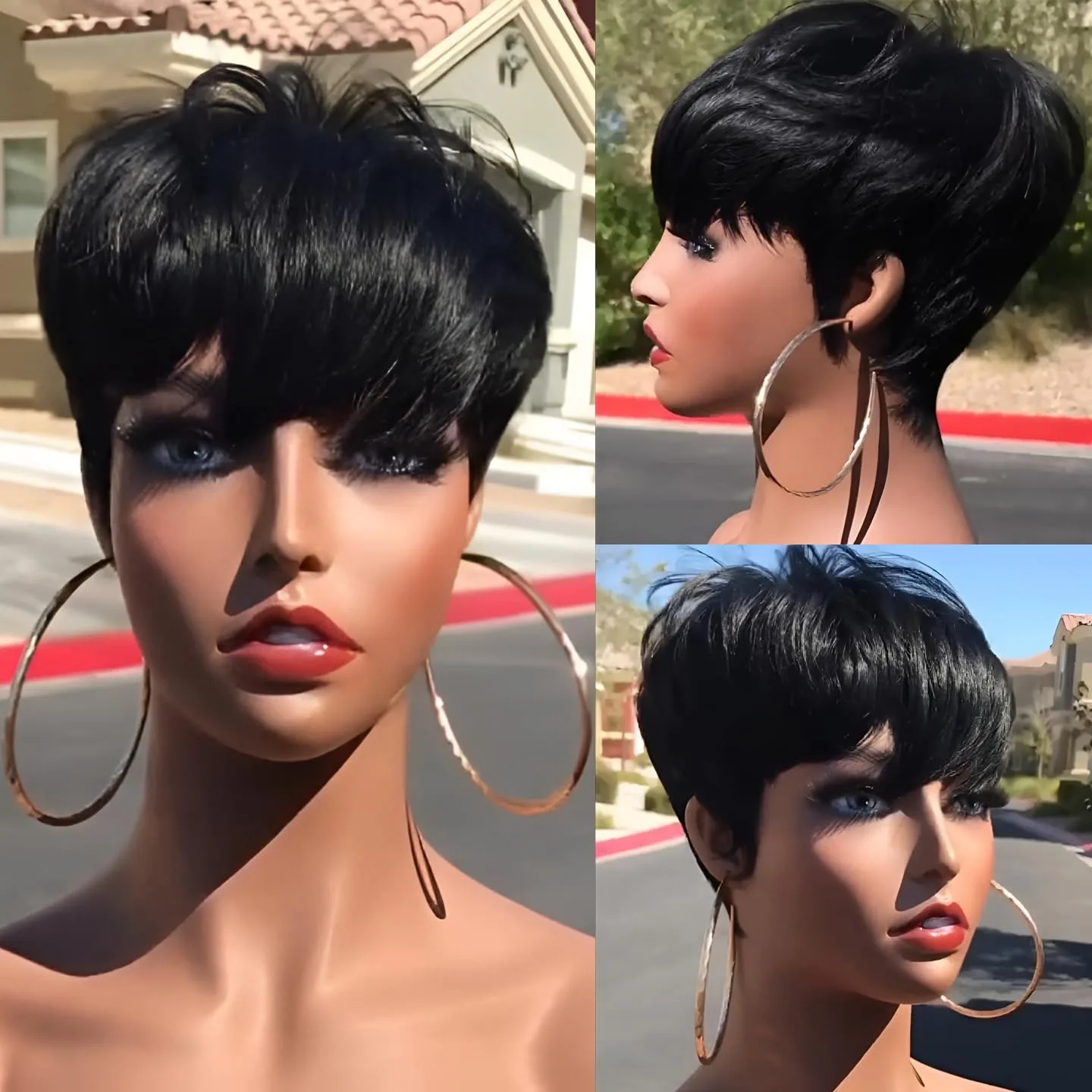 Short Human Hair Pixie Cut Wig with Bangs