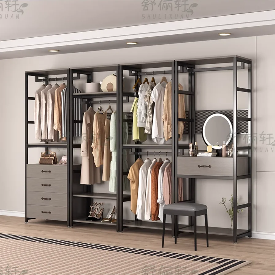 Cloakroom Homemade shelf with drawer assembly bedroom steel wood combination hanger iron art open wardrobe