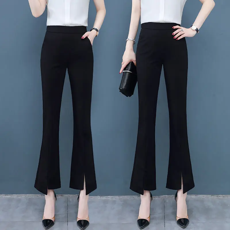 Split Hem Asymmetrical All-match Flared Pants Summer New High Waist Solid Color Slim Straight Pants Casual Fashion Women Clothes