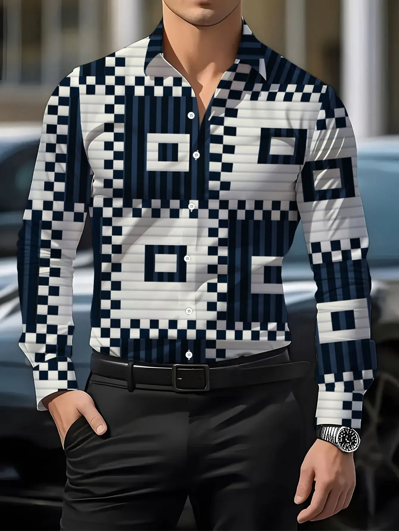 2026 Men Long Sleeve Shirt Geometric Square Check Print Turn Down Collar Fashion Daily Top Men's Clothing