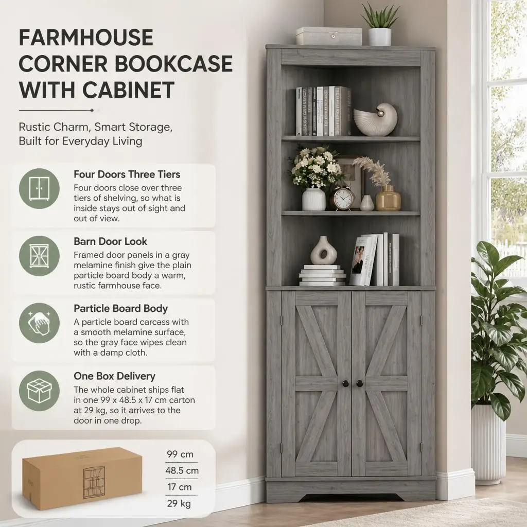 Corner Cabinet, 68 Inch Tall Farmhouse Storage Cabinet with 4 Doors and 3 Tier Shelves, Barn Door Design, Freestanding, Gray, 50 x 50 cm, Space Saver for Kitchen Pantry Living Room Laundry Room Bathroom and Hallway, Easy Assembly