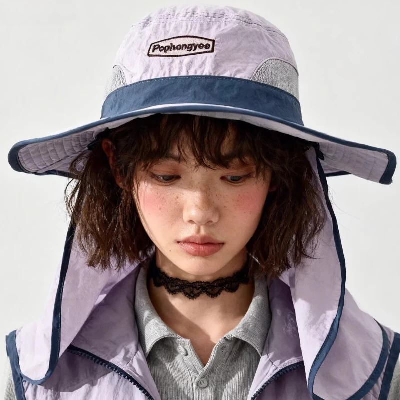 

Fashion Contrast Stitching Mesh Quick-drying Bucket Hats for Women Summer Outdoor Camping Sun Protection Neck Shawl Hikling Caps