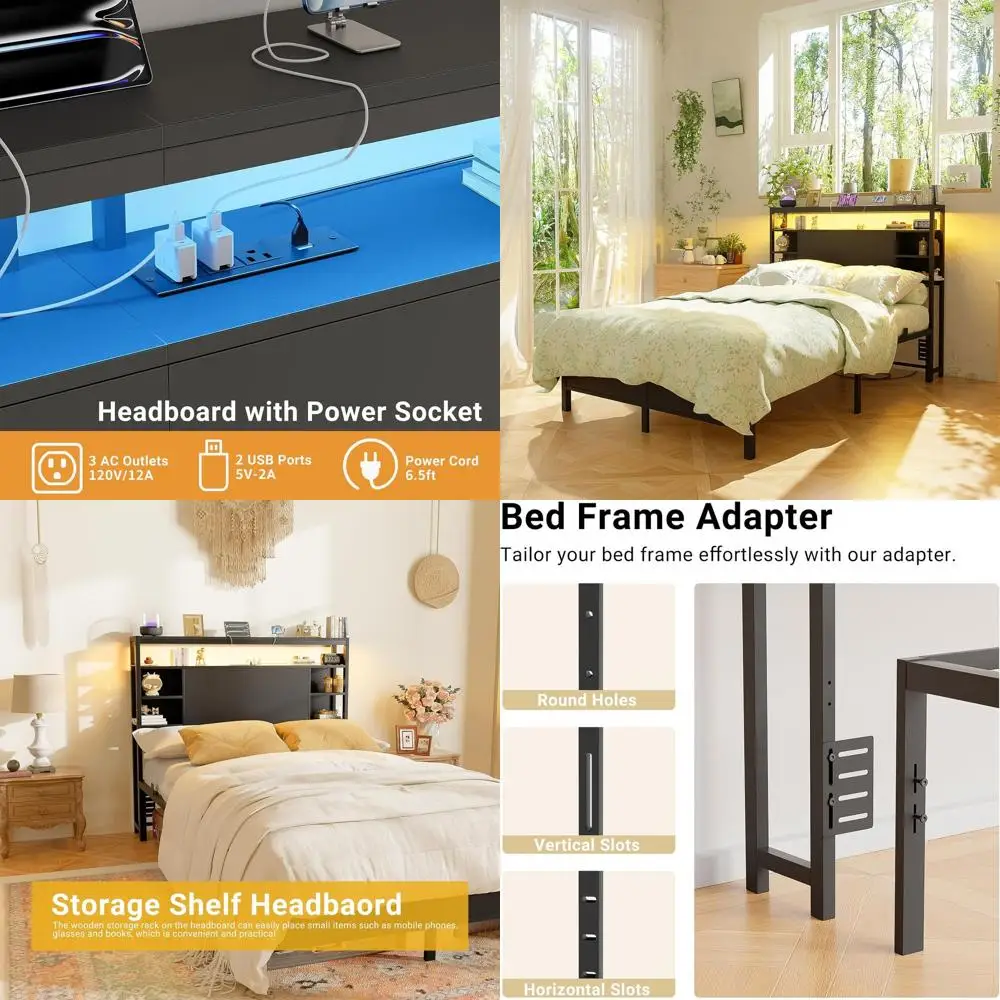 Twin Size Headboard with Storage, Power Outlet, Smart LED Lights, Sturdy and Stable for Bedrooms, Dorms, and Guest Rooms, Black