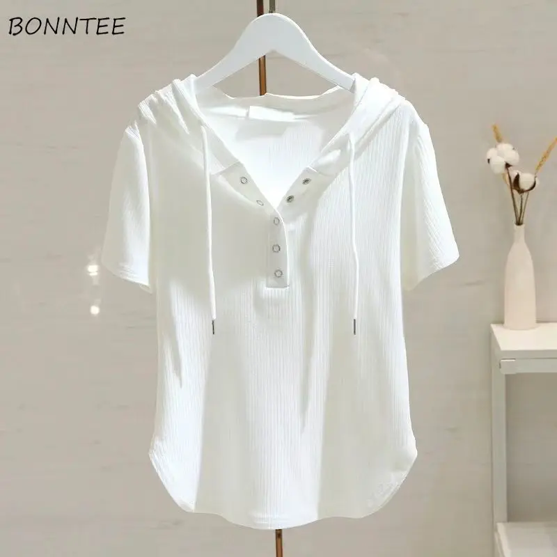 Hooded Short Sleeve T-shirts Women Streetwear Summer Tops College Females Fashion Korean New Arrival Pure All-match Drawstring