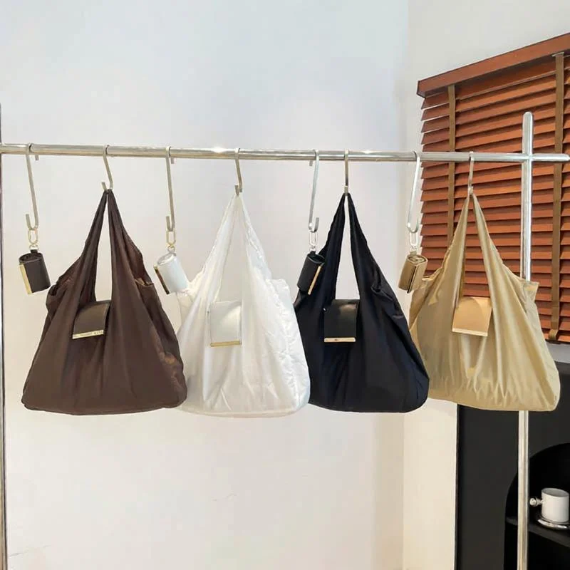Foldable Nylon Tote Bag with Keychain Large Capacity Reusable Shopping Bag Portable Shoulder Handbag for Daily Grocery Travel