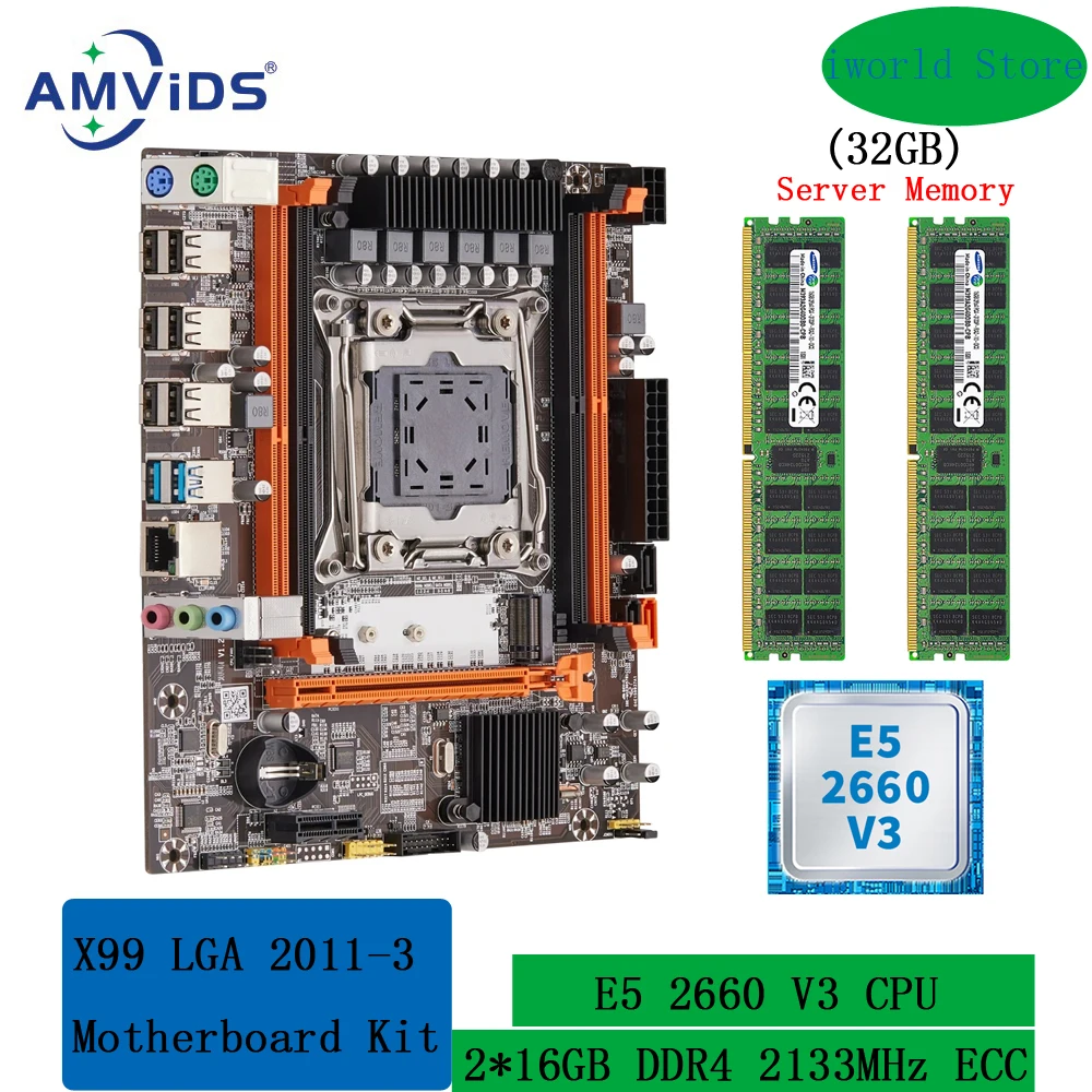 X99 Motherboard x99 Kit Xeon E5 2660 V3 CPU and 2*16GB DDR4 2133MHz ECC REG Memory Combo Set LGA 2011 v3 SATA USB 3.0 M.2 NVME