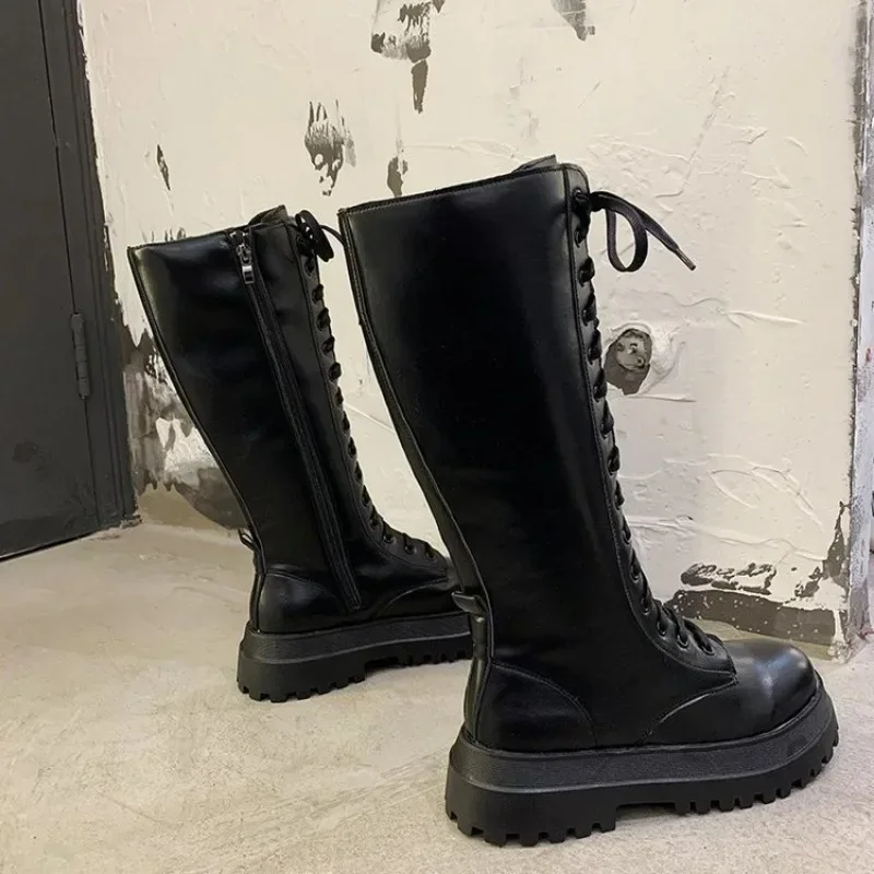 Long Boots Women Strappy Side Zip Women\'S Shoes Thick Sole Round Toe 2025 Autumn Winter New Fashion Tall Knee High Knight Boots