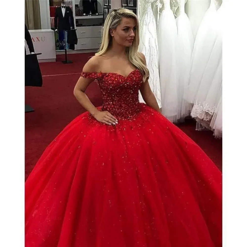 Vestidos de baile de cristal frisado vermelho, Puffy Prom Party Dress, Vestidos de noite formais com renda, Vestidos Quinceanera, Novo, 2024