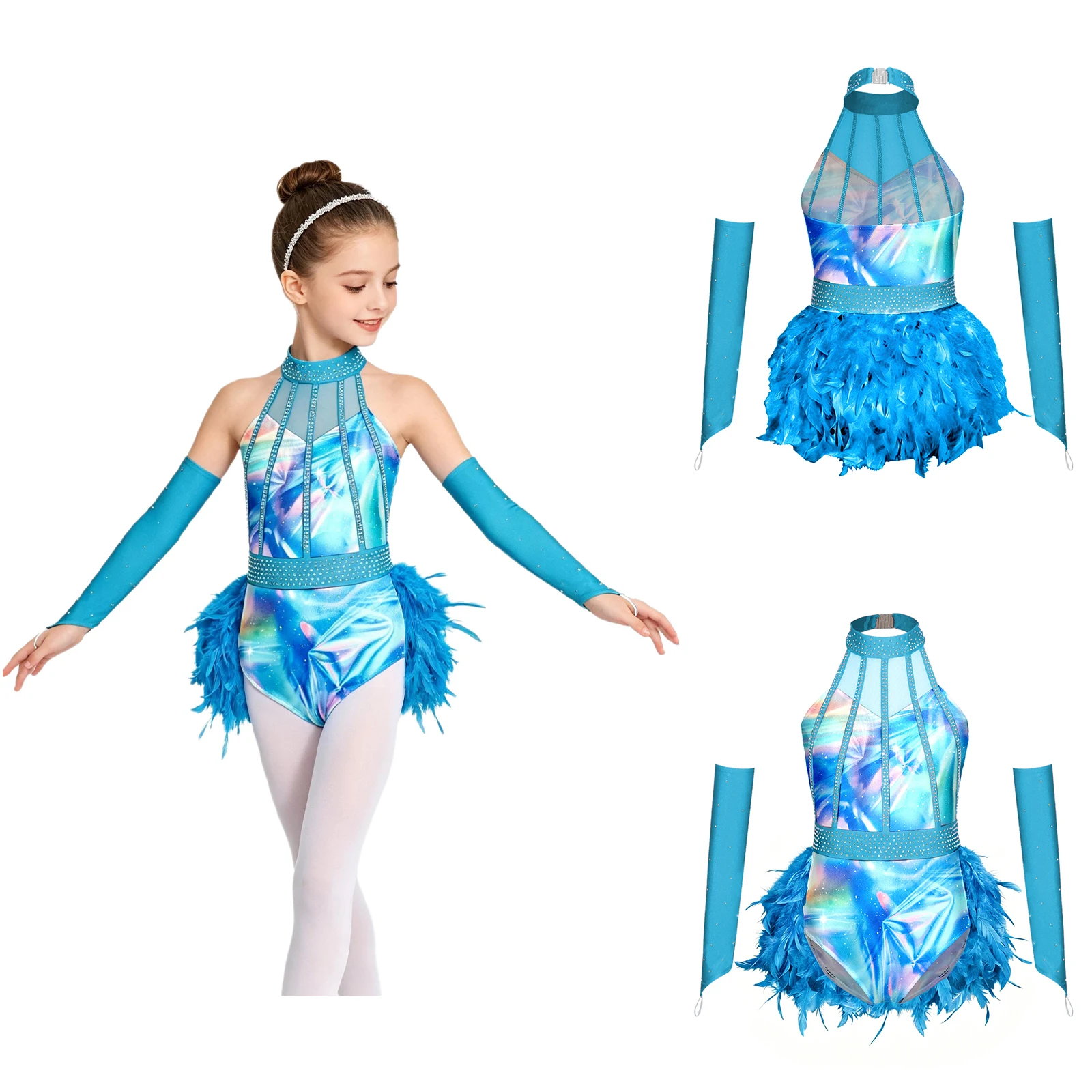 6-16Y Girls Jazz Dance Costume Sleeveless Rhinestones Feather Ballet Gymnastics Figure Skating Leotard Dress with Oversleeves