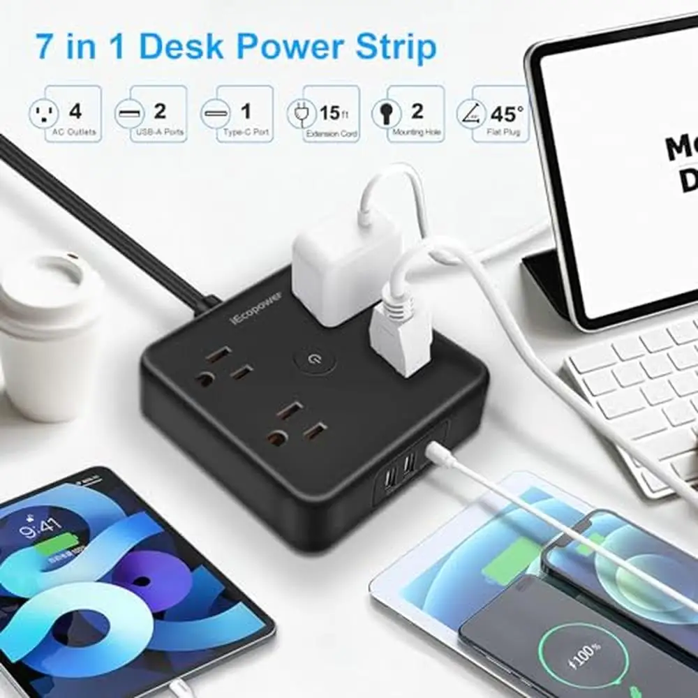 Surge Protector Power Strip with 4 Outlets 3 USB Ports 15ft Cord Ultra-Thin Design ETL Certified Fireproof ABS PC 1250W/10A