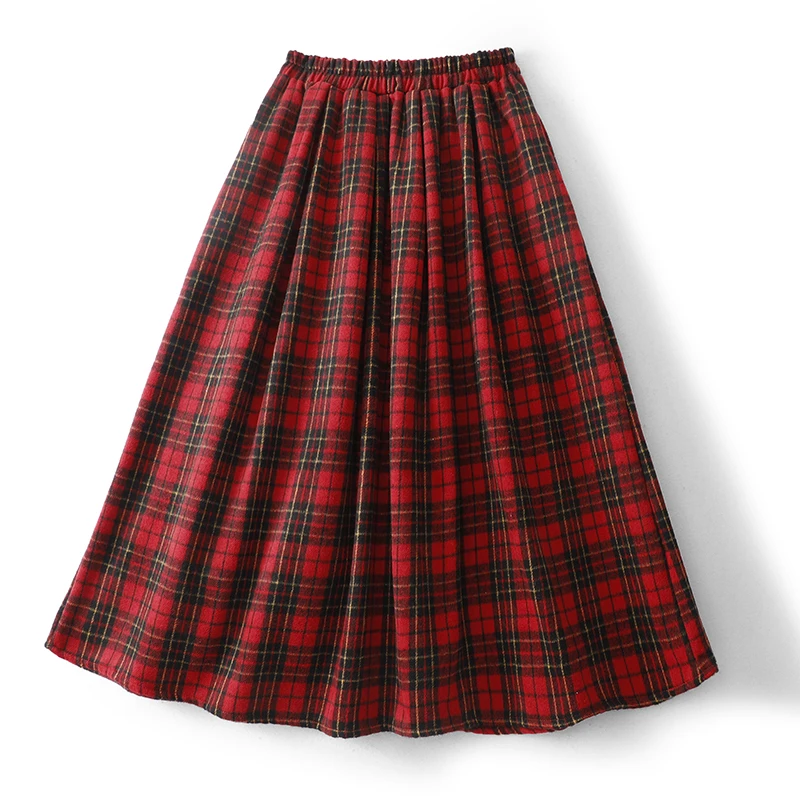 Harajuku Preppy Vintage Red Plaid Wool Skirt Women Elastic Waist Mid-length A-line Skirt Elegant Trendy Office Commute Outfits