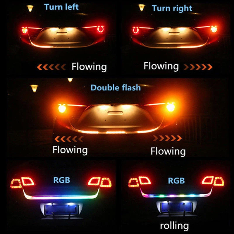 Car LED Trunk Tail Strip Light Rgb 120cm Dynamic Streamer Rear Reverse Flash Follow Warning Lights Turn Signal Brake Lamp 12v