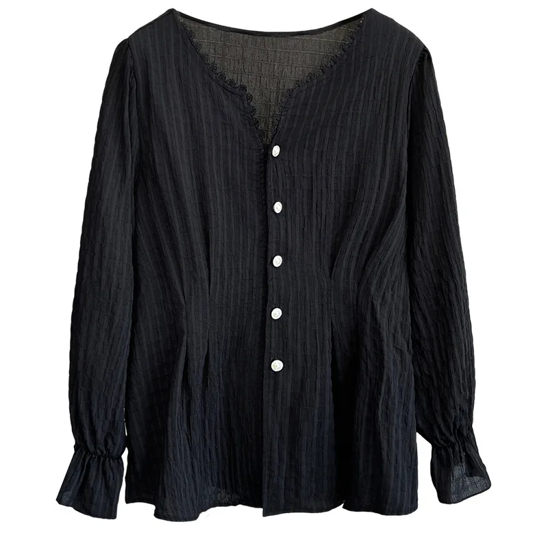 

Модные женские блузки больших размеров, осенняя корейская стильная кружевная рубашка с v-образным вырезом и длинными рукавами 692