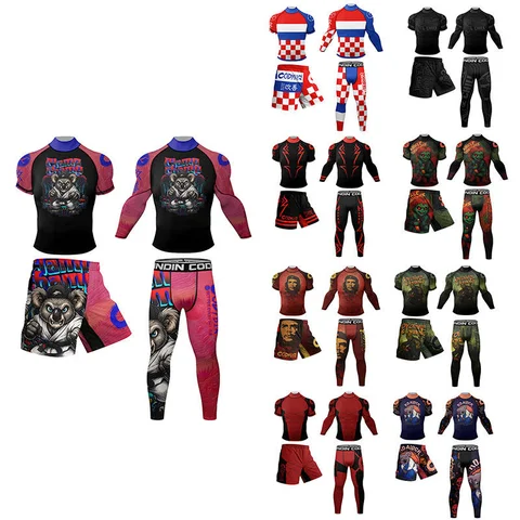 Bjj Brazilian Jiu-Jitsu Men's Boxing Quick Dry MMA Rashguard Sport Set+Shorts&Leggings 4-Piece Kickboxing Rash Guard Fight Wear