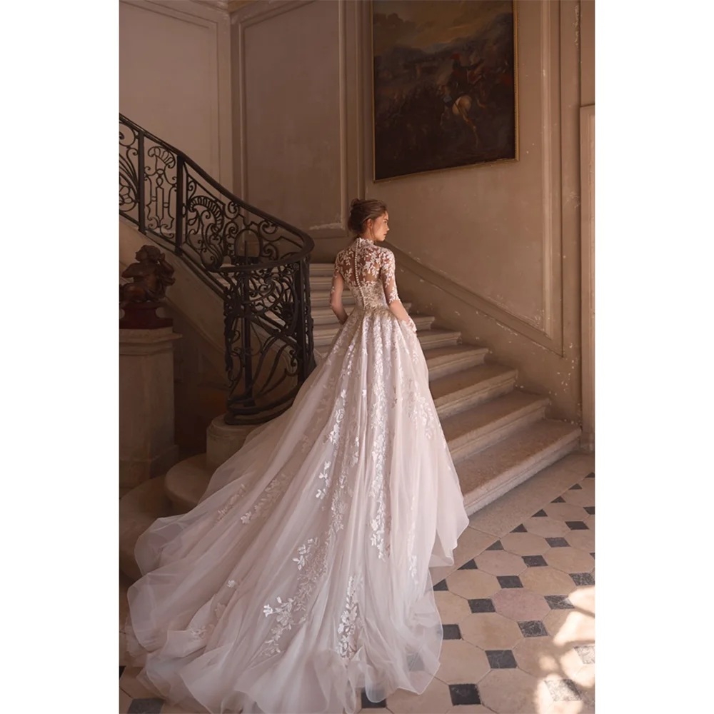 Arabisches Hochzeitskleid, maßgeschneidert, hoher Kragen, lange Ärmel, exquisites Ballkleid, Brautkleid, Hofschleppe, arabische Brautkleider