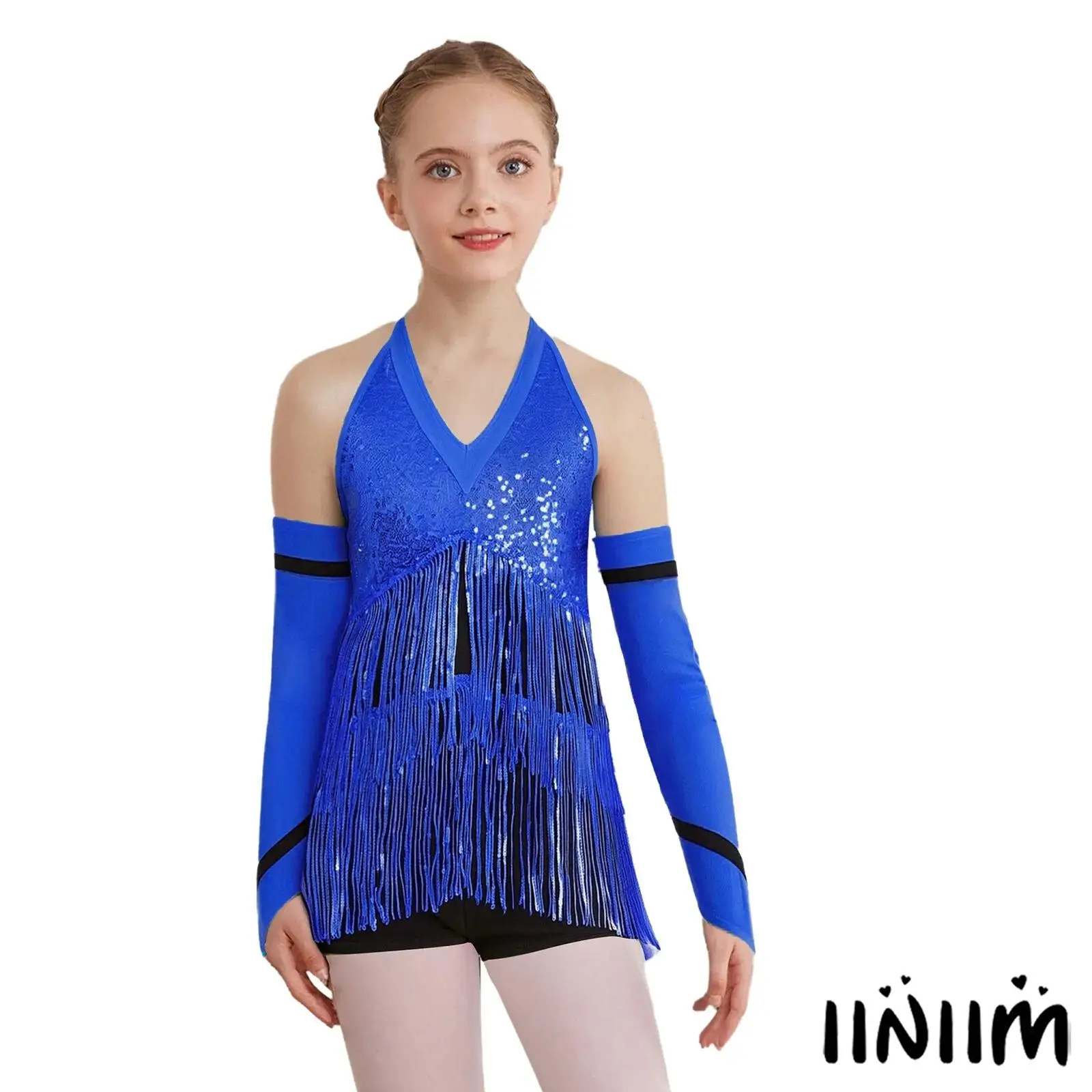 

Kids Girls Latin Jazz Dance Performance Costume Halter Sleeveless Strappy Back Shiny Sequins Color Block Leotard with Gloves Set