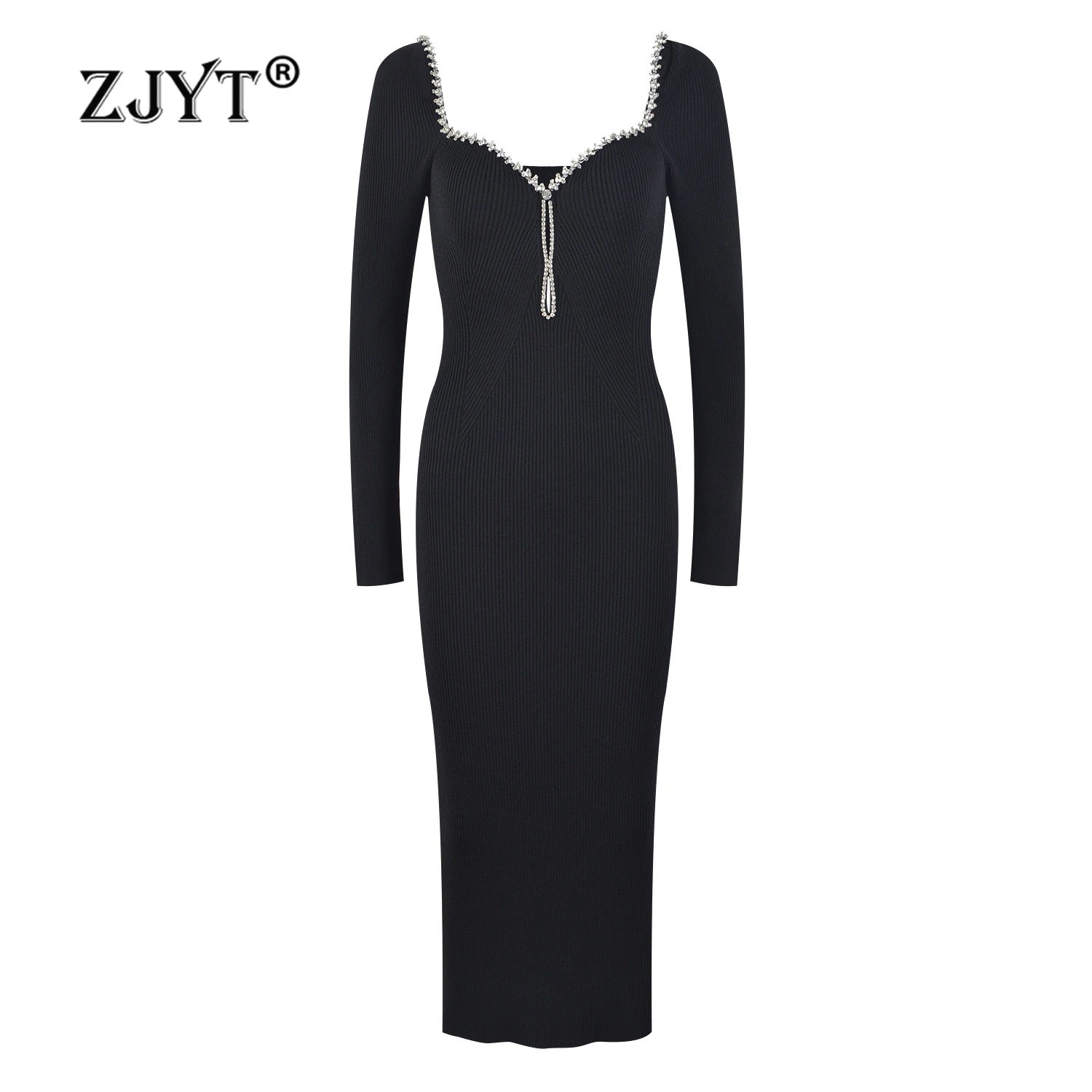 

ZJYT Designer Elegant Beading Square Collar Knitting Dresses for Women Autumn Winter Sweaters Long Sleeve Black Midi Party Dress