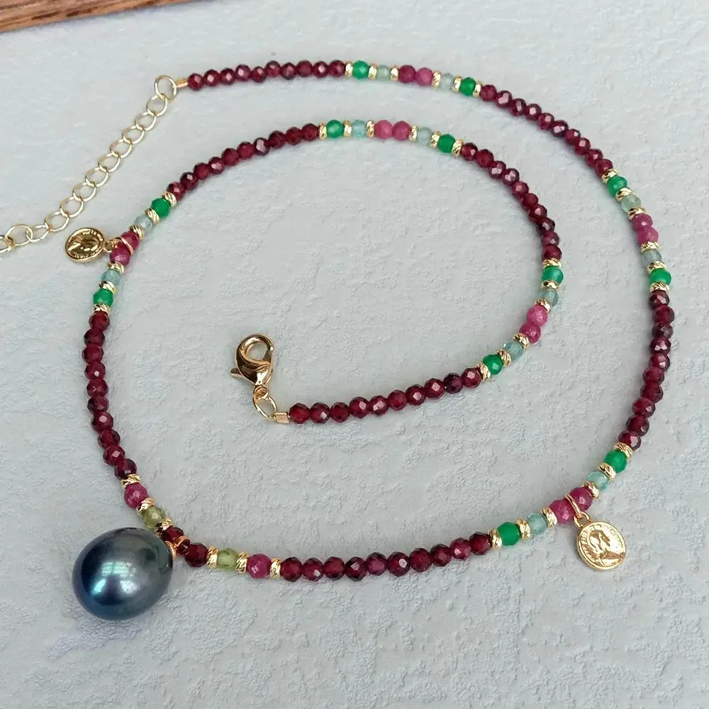 Y·YING Natural Garnet Agate Ruby Pearl Charm Necklace 3mm Gemstone Cultured Black Pearl Pendant