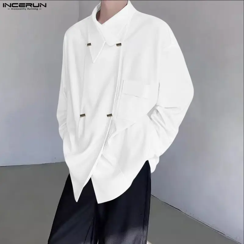 

INCERUN Мужская рубашка с однотонными лацканами и длинным рукавом в корейском стиле Мужская одежда Уличная одежда Свободные модные повседневные мужские рубашки в корейском стиле