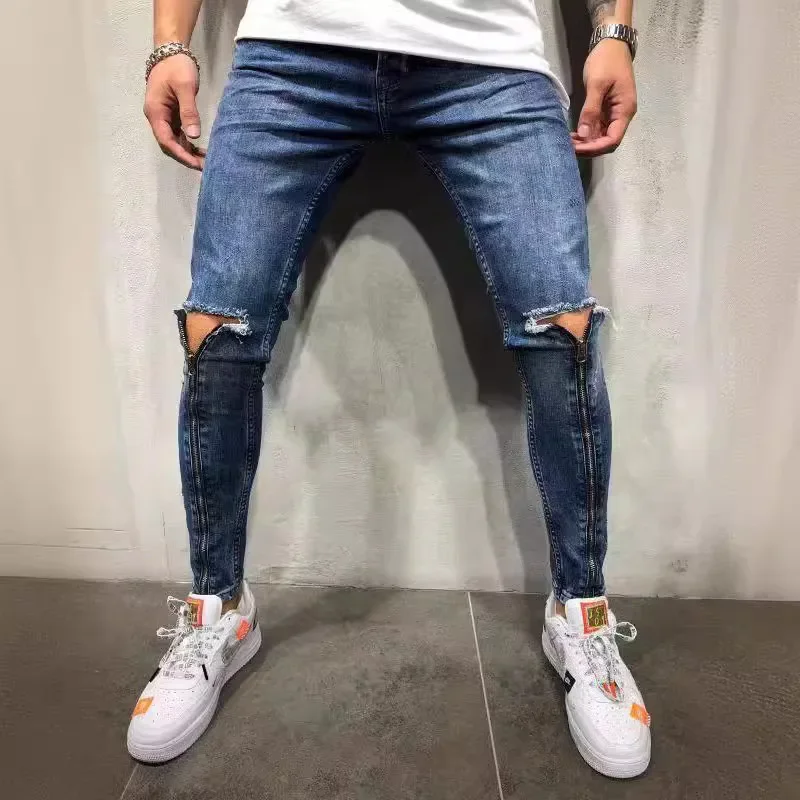 Jeans da uomo nuovi pantaloni strappati in Denim con cerniera lunga per uomo