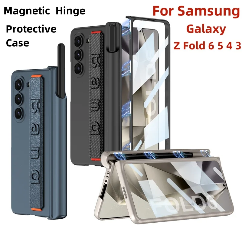 

With Wrist Strap Pen Holder Case For Samsung Galaxy Z Fold 6 5 4 3 Fold4 Fold5 5G Cover With Screen Glass Pen Slot Hard Case