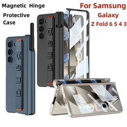 With Wrist Strap Pen Holder Case For Samsung Galaxy Z Fold 7 6 5 4 3 Fold4 Fold6 5G Cover With Screen Glass Pen Slot Hard Case