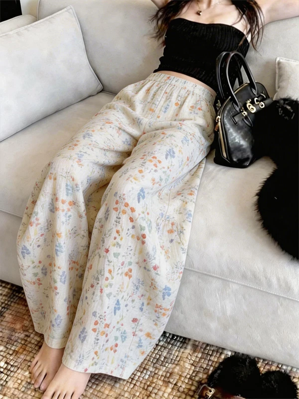 

White Floral Casual Wide Leg Pants Women's Summer New Loose Lazy Drape High-End Straight Long Trousers Casual Style High Waist