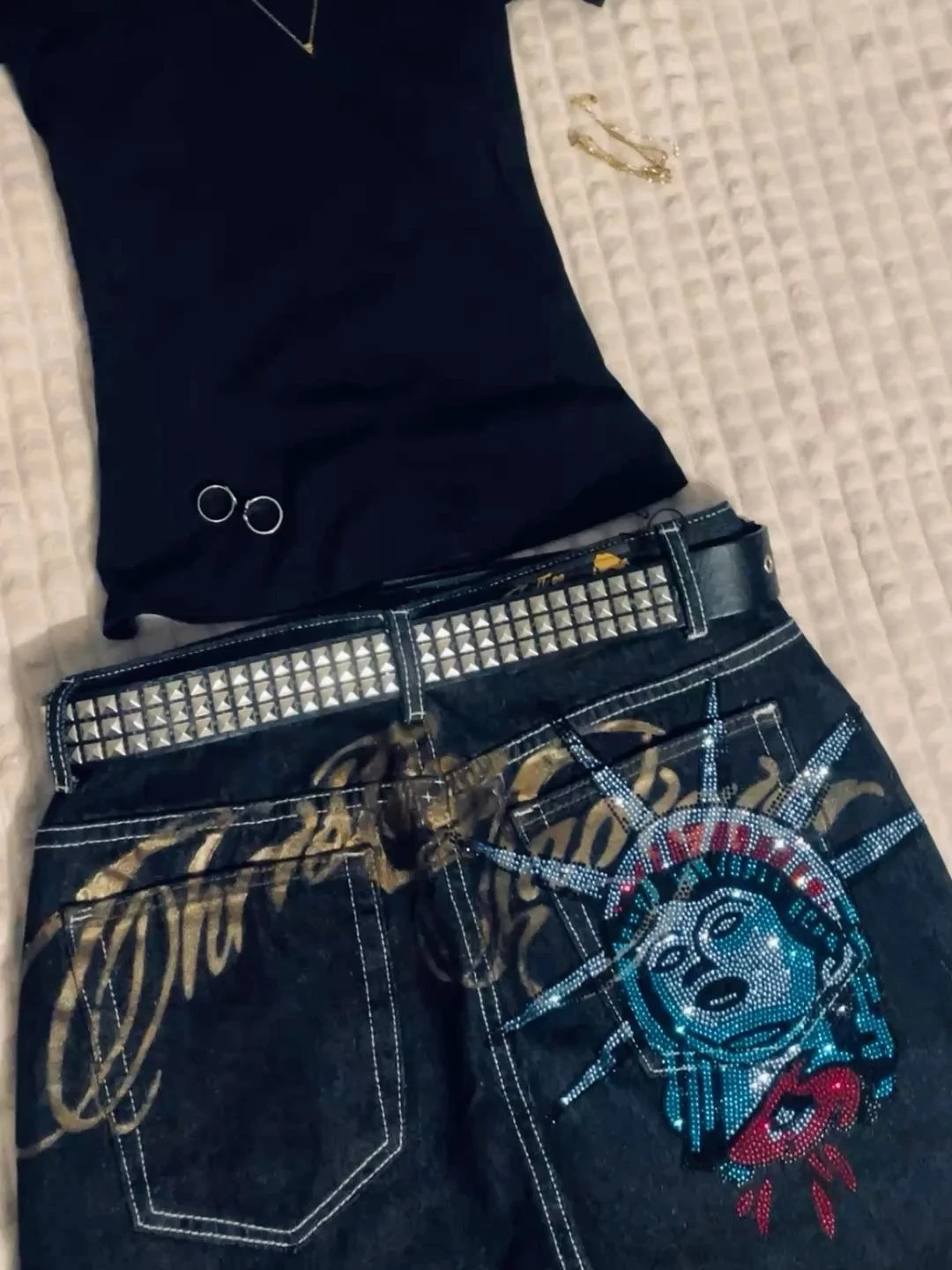 

Vintage 2000s Y2k Statue of Liberty Diamonds Jeans Women Casual High Waist Straight Wide Leg Jeans Harajuku Hip Hop Women Pants