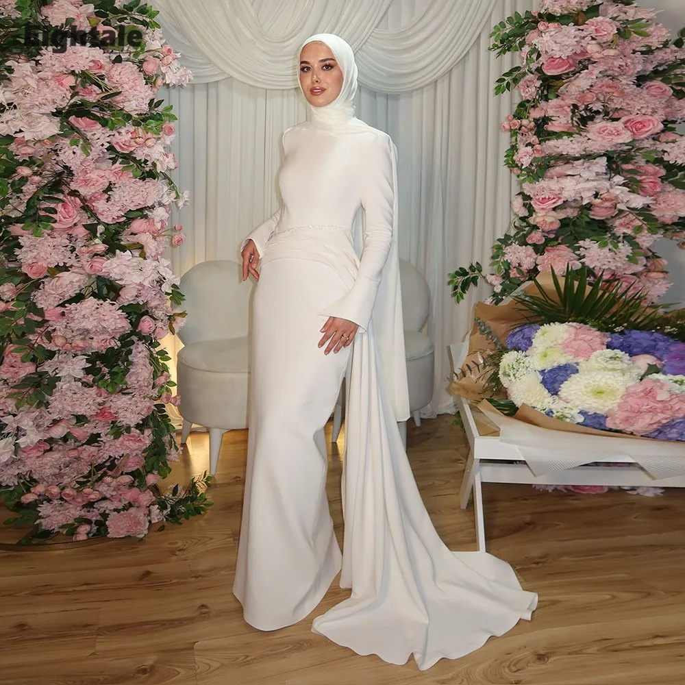 Eightale Arabic Wedding Dress Stretchy Customized Ivory O-Neck Bridal Gown Long Sleeves Muslim Mermaid Bride Party Dress