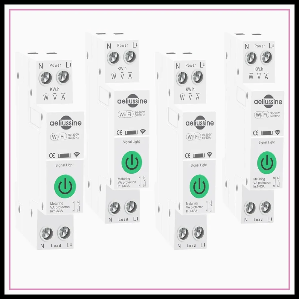 

WiFi Smart Circuit Breaker, 1-63A Adjustable Energy Monitor, Alexa Compatible DIN Rail Mount, 4 Pack
