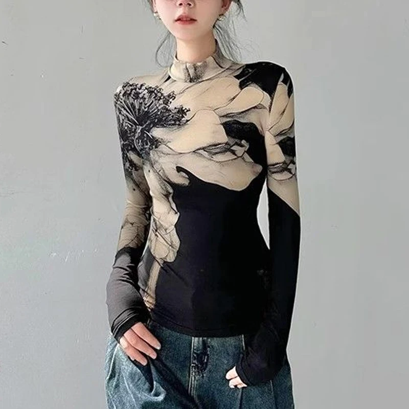 Wiosna jesień nowy okrągły dekolt modny T-shirt z długim rękawem damski główna ulica Casual wąskie swetry z nadrukiem eleganckie topy na wszystkie mecze