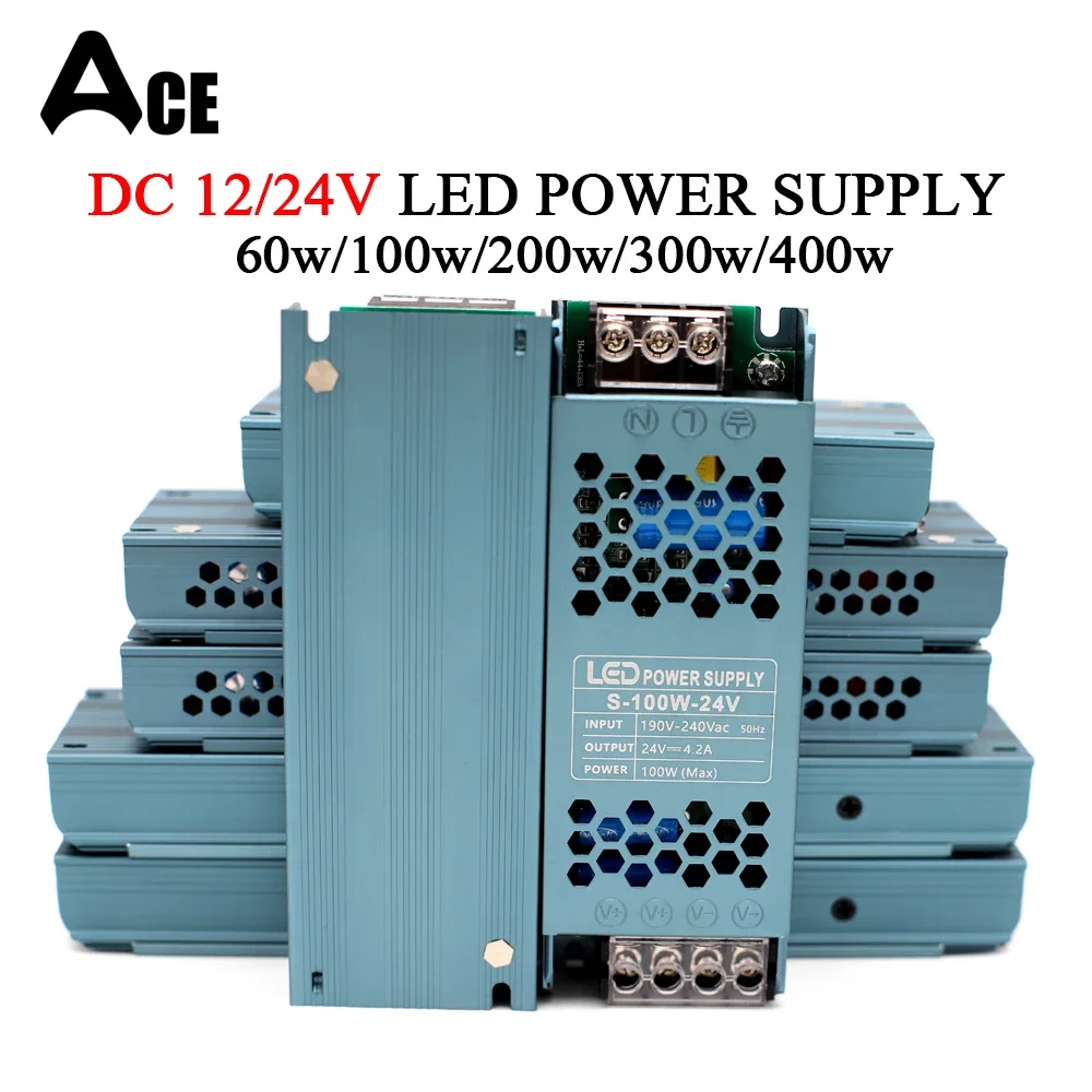 Ultra cienki zasilacz LED DC 12V 24V Transformatory oświetleniowe 60W 100W 200W 300W 400W AC190-240V Sterownik konwertera do pasków
