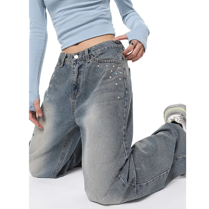 

WCFCX STUDIO Fashion Washed Blue Jeans Women Heavy Industry Shiny Retro Straight Baggy Pants New Autumn Wide Leg Jeans