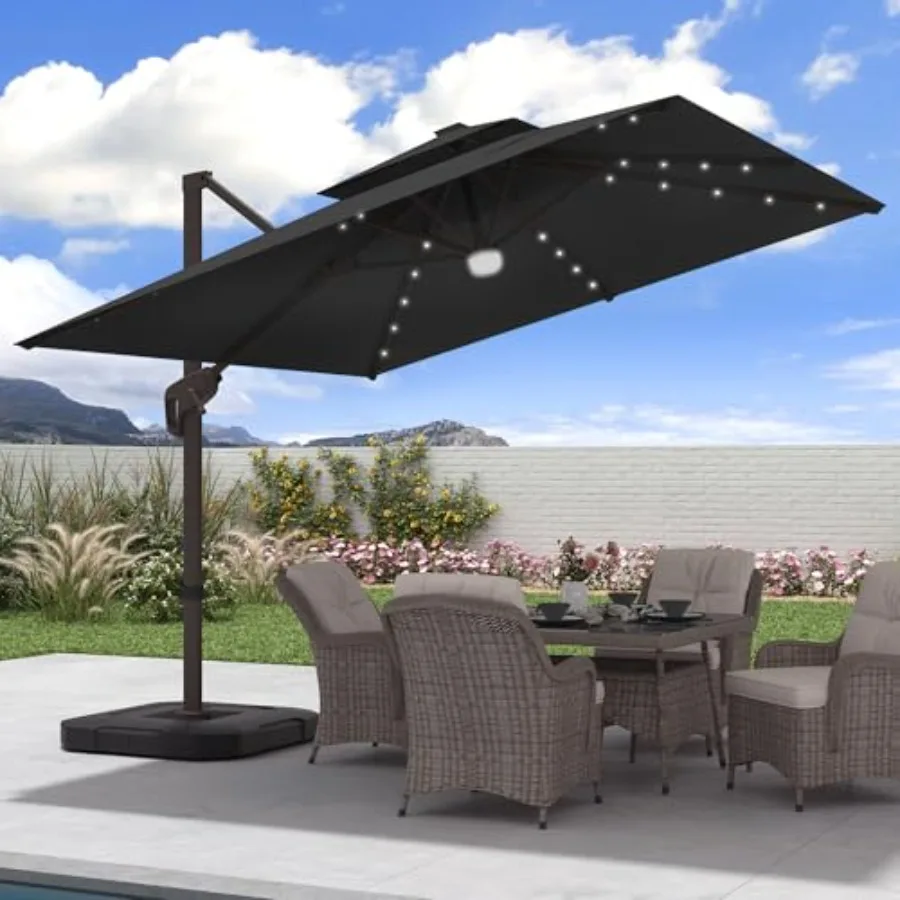 9x9 Feet Cantilever Offset Patio Umbrella with Lights for outdoor use, aluminum frame, black, UV-resistant fabric and integrate
